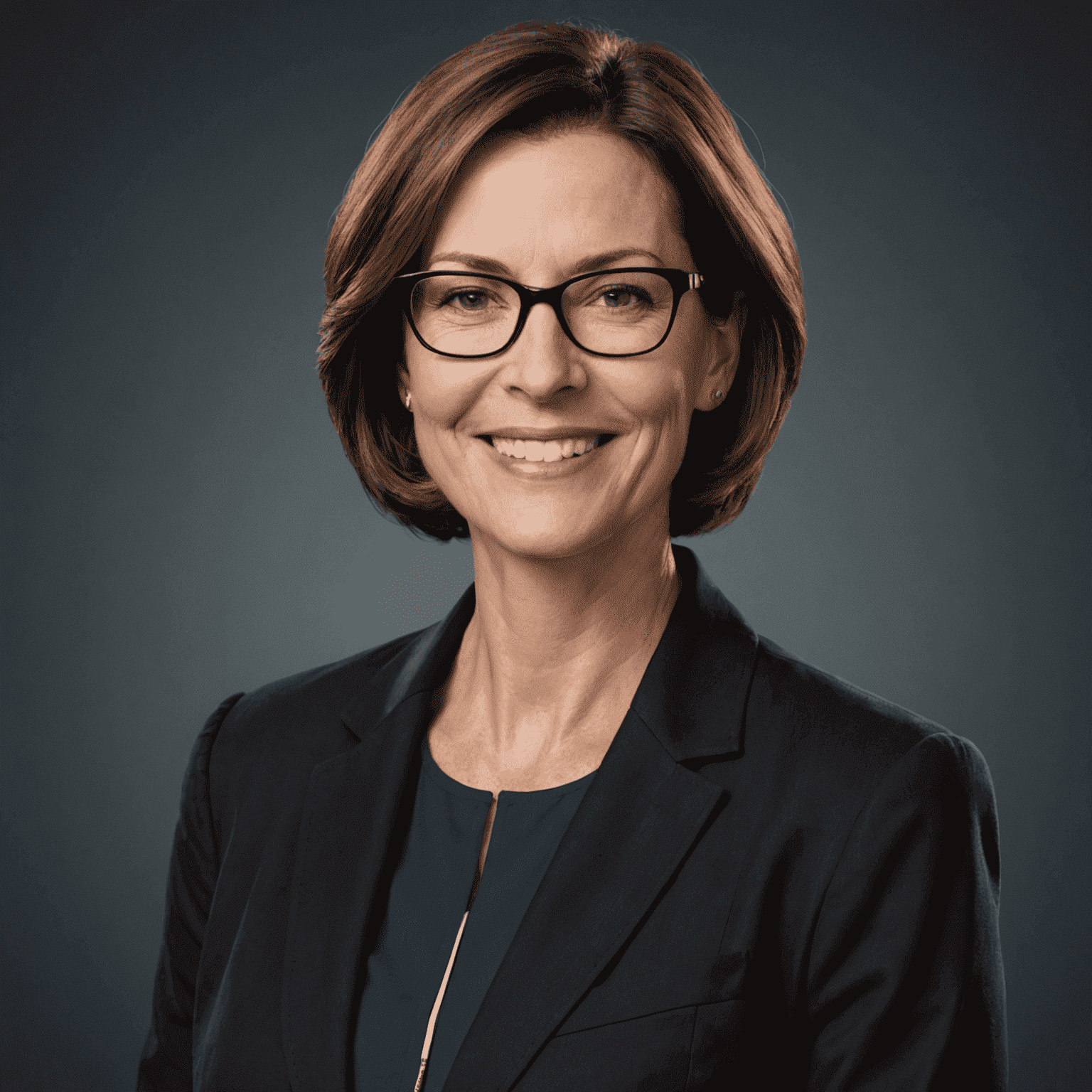 Portrait of Jane Smith, a woman in her 40s with short brown hair and glasses, wearing a professional dark blazer, smiling confidently at the camera