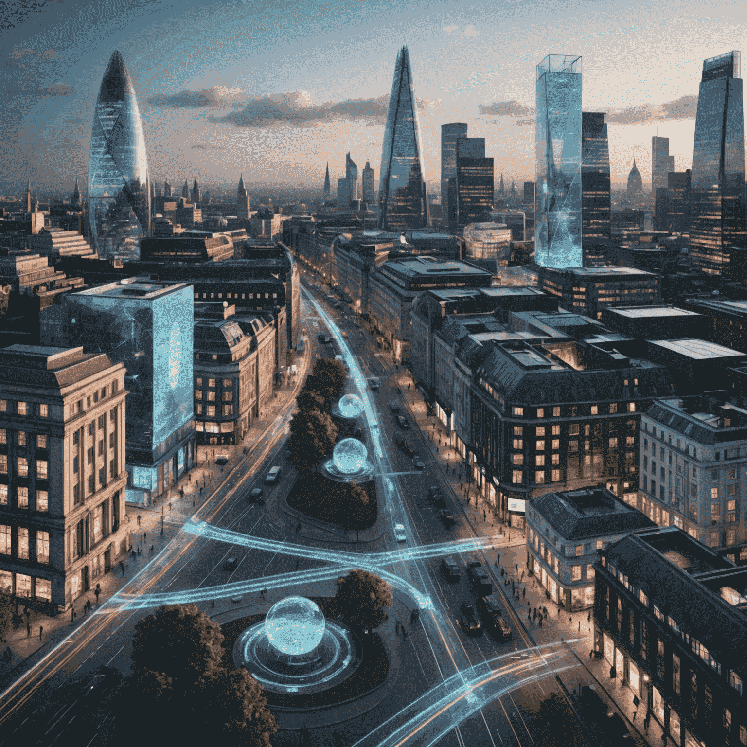 A futuristic cityscape of London with holographic AI interfaces overlaying buildings and streets, symbolizing the integration of AI in UK businesses