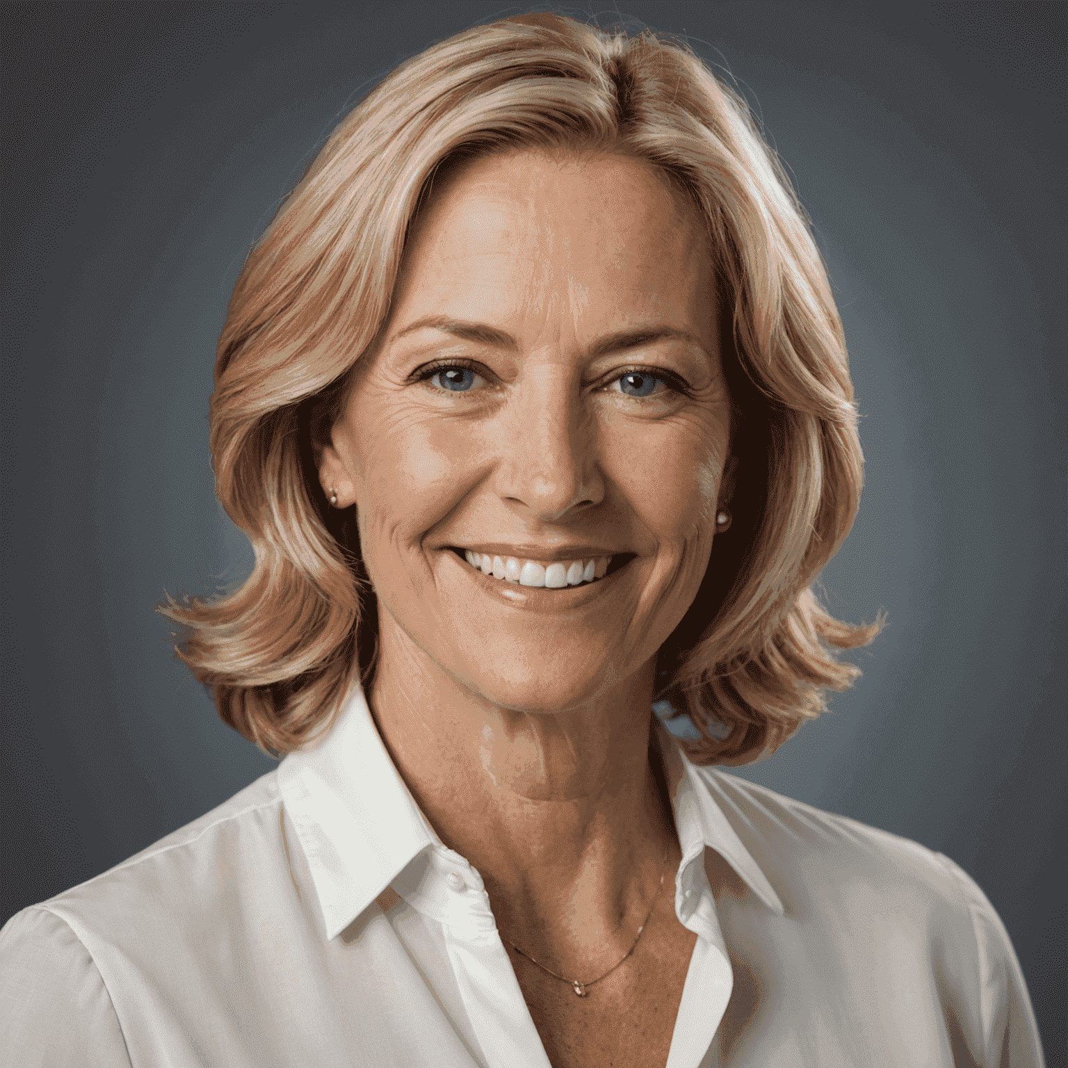 Portrait of Sarah Johnson, a woman in her 50s with shoulder-length blonde hair, wearing a white blouse, smiling warmly at the camera